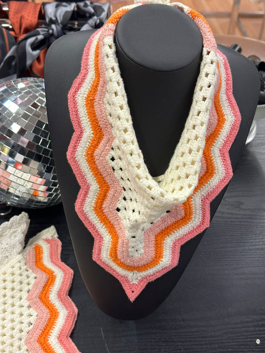 Bandana crochet - Beige rayé rose & orange