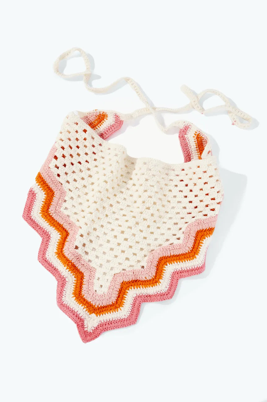Bandana crochet - Beige rayé rose & orange